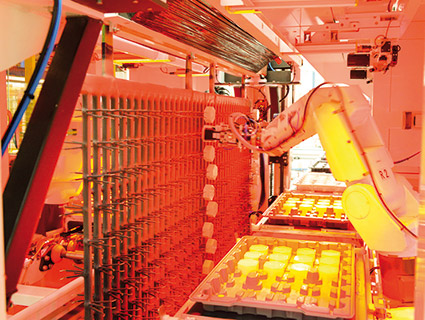 Dédiés au montage et au démontage des pièces sur les supports de traitement de surfaces, les robots Rovaldy s’adaptent aux supports. Source : Siléane